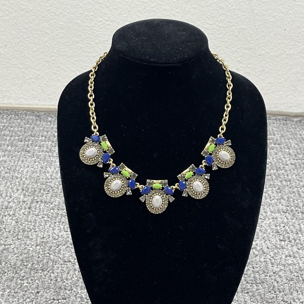 J Crew Necklace Blue Green Bib Rhinestone Gold Tone Womens Jewelry Signed New